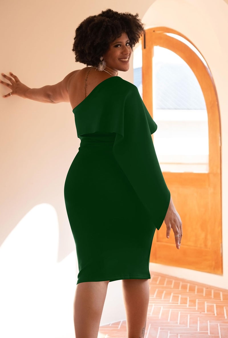 GOBLES Women's Summer Sexy One Shoulder Ruffle Bodycon Midi Cocktail Dress Green - Image 4